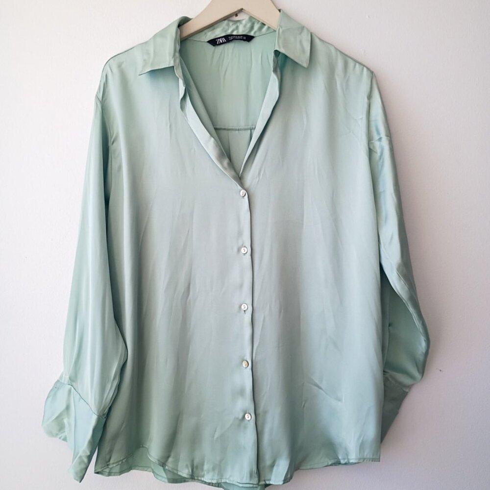 ZARA Women's Mint Green Satin Blouse Flowy Elegant Top | Size S
